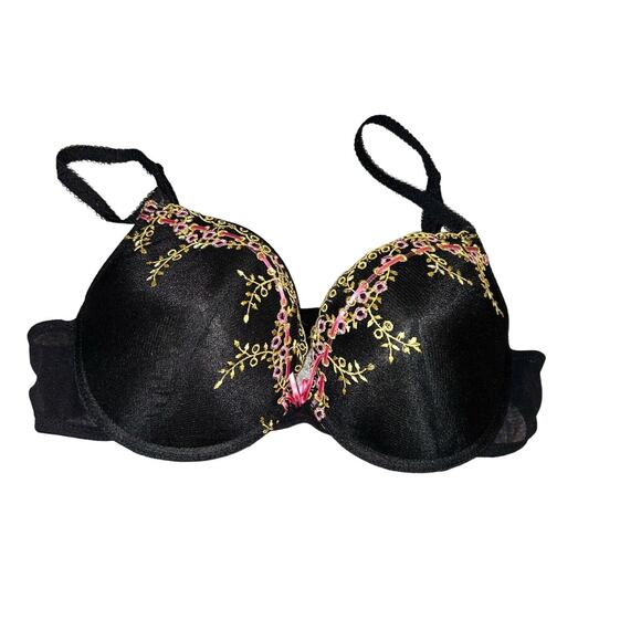 Vintage QT Bra Black Pink Floral‎ Embroidered 38C Rayon Nylon Adjustable Straps - Picture 1 of 8